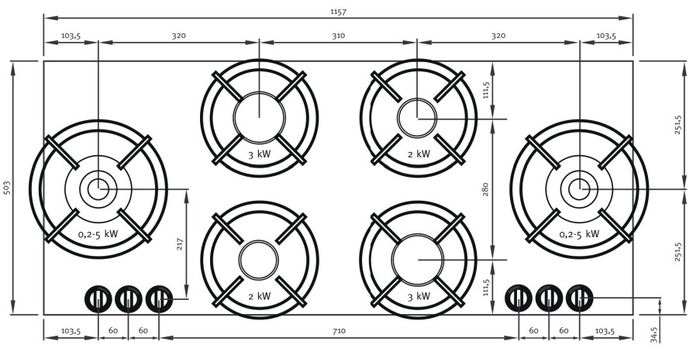 Pitt Cooking FOESSA 46 Inch Gas Cooktop Top Controls 66,878 BTUs Six Gas Burners Two Dual Ring Burners