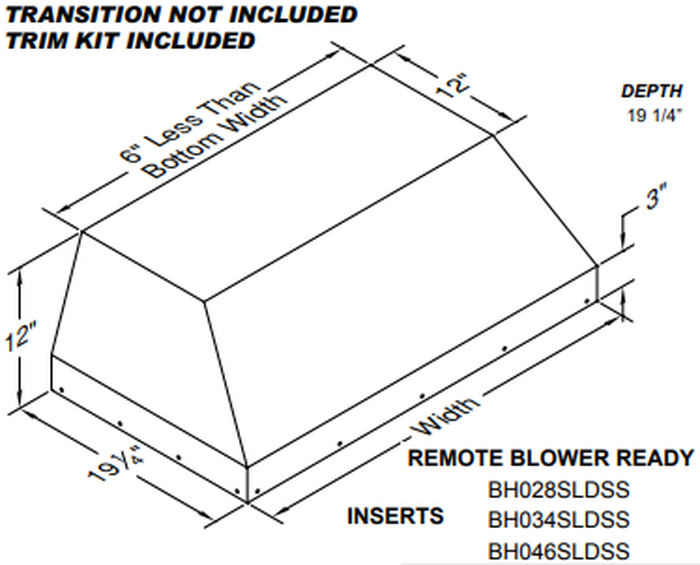 Vent-A-Hood BH028SLDSS 28 Inch Cabinet Insert Hood Custom Blower CFM