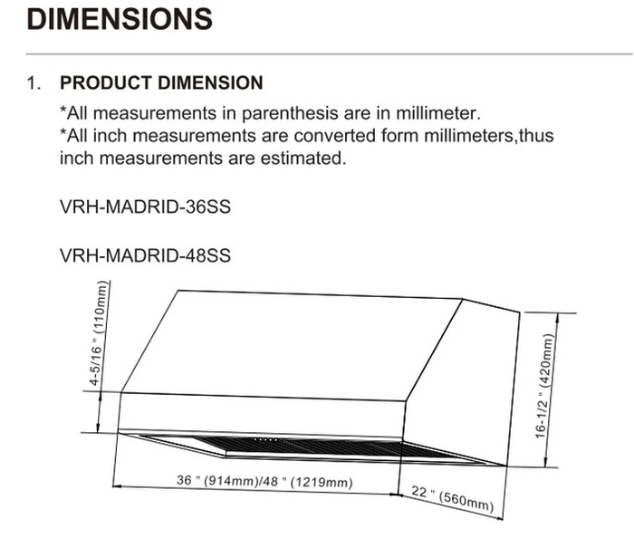Vesta Kitchen VRH-MADRID-48SS 48 Inch Installed Under Cabinet 1000 CFM