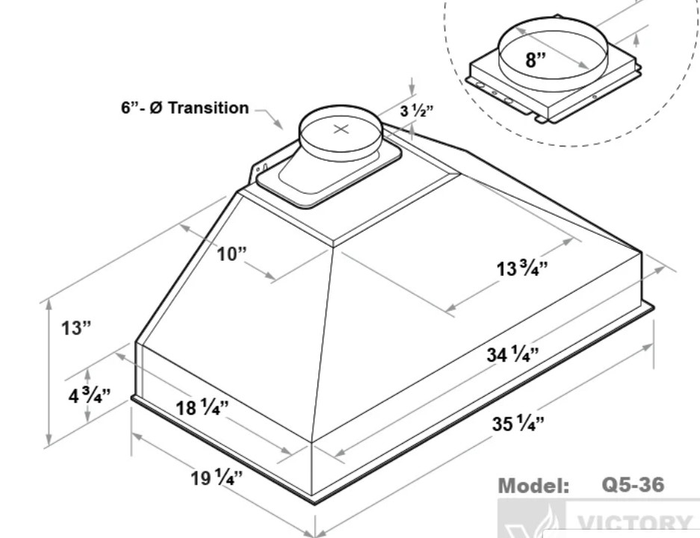 Victory Q536 36 Inch Cabinet Insert Hood 750 CFM