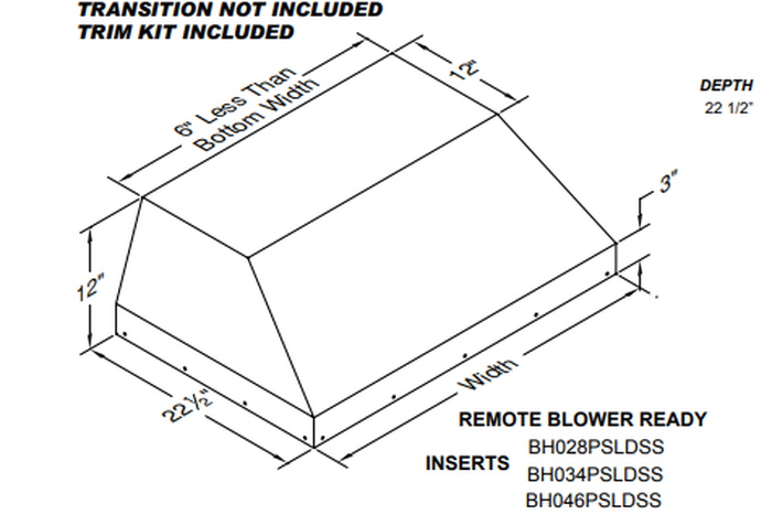 Vent-A-Hood BH034PSLDSS 34 Inch Cabinet Insert Hood Custom Blower CFM