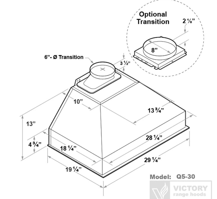 Victory Q530 30 Inch Cabinet Insert Hood 750 CFM